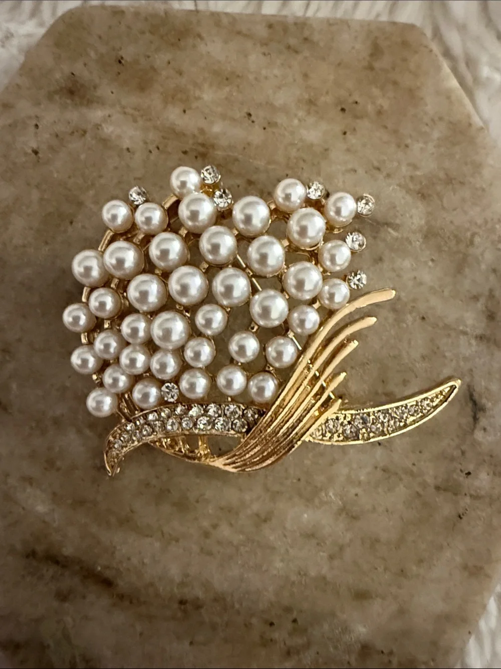 Gold-Tone Pearl Cluster Brooch with Clear Rhinestones - Women Jewelry